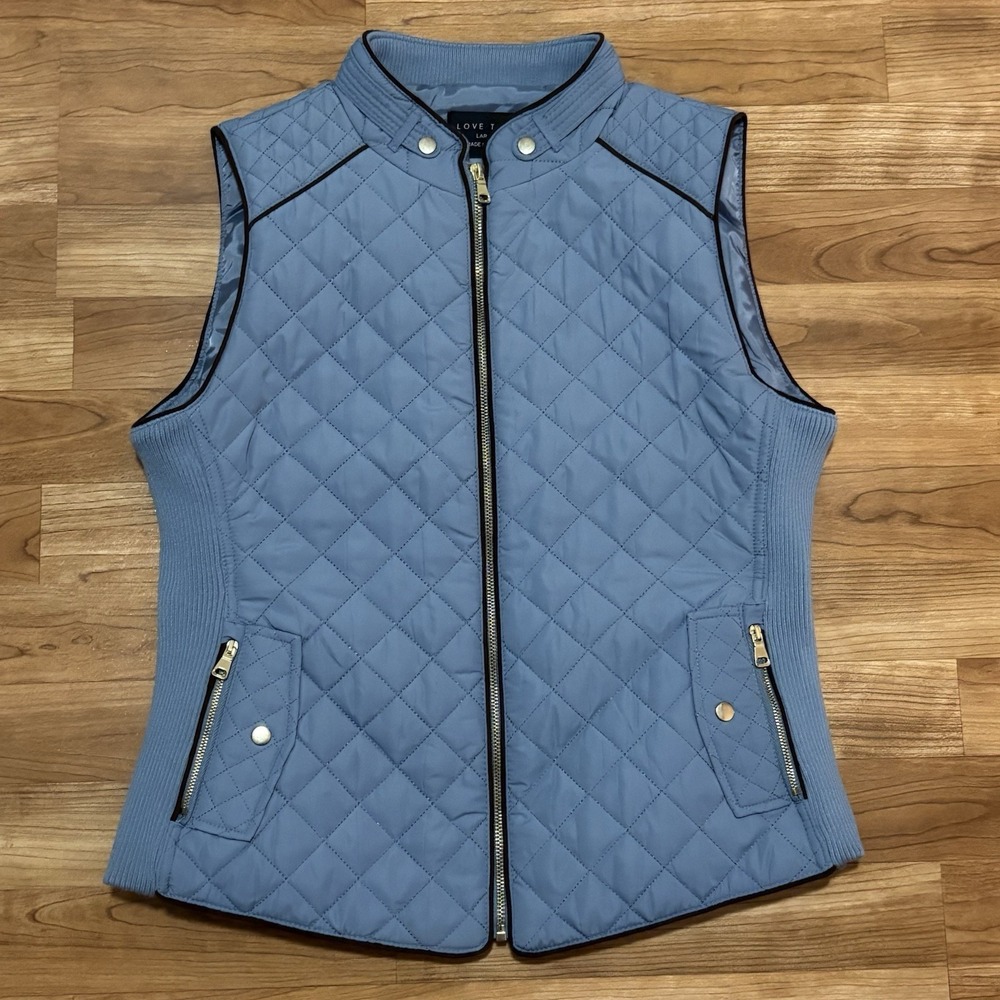 Love Tree Woman's Vest Blue Quilted Gold Accents FullZip Mock Neck Sz Large